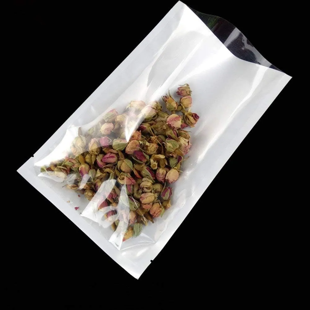 PABCK 100 Pack 3.9x5.9 inch (Usable Size 3.5x5.7 inch) White Front Clear Open Top 2.8mil Plastic Vacuum Pouch Heat Sealable Bags for Food Storage Packets Mini Sample with Tear Notches