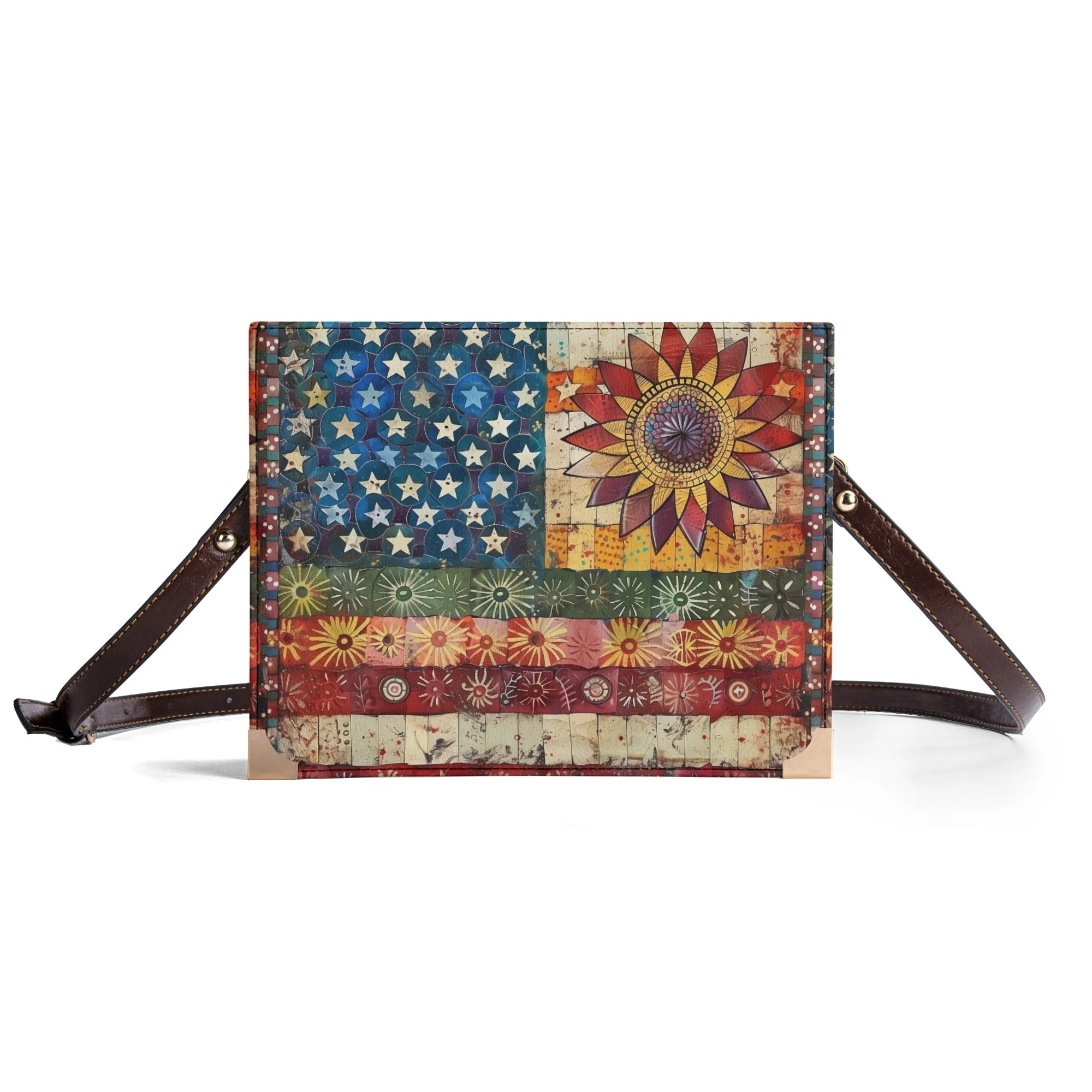 Patchwork American Flag Bible Cover Purse with Sunflower Accent with Red White and Blue - Crossbody Shoulder Bag