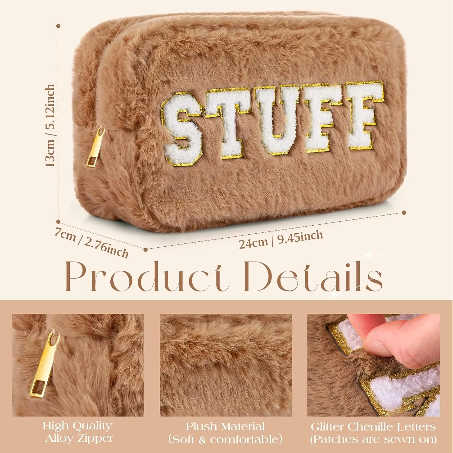 Paterr 4 Pieces Chenille Letter Preppy Patches Makeup Bag Plush Fuzzy Cosmetic Hair Face Skin Toiletry Travel Bag Pouch with Zipper Preppy Stuff for Girls Women(Brown)