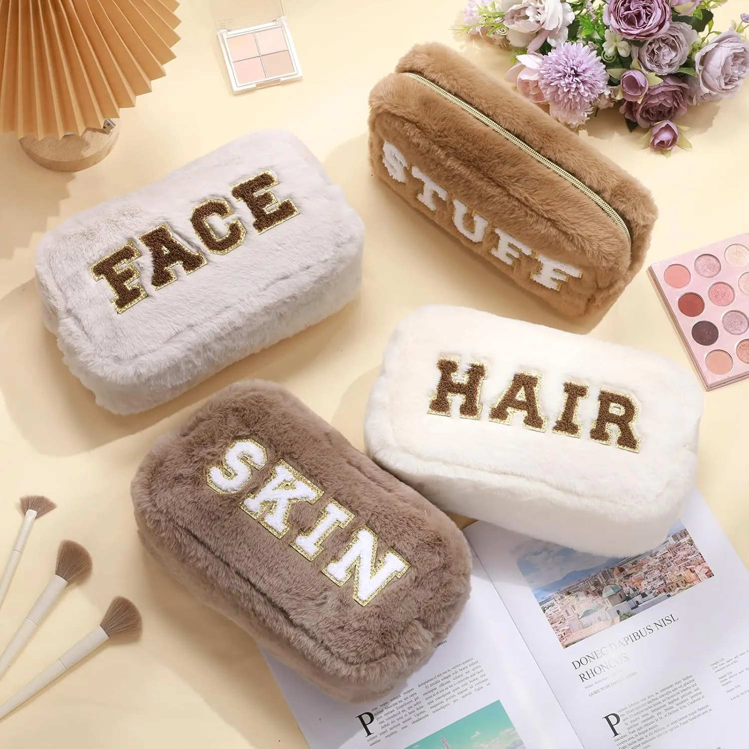 Paterr 4 Pieces Chenille Letter Preppy Patches Makeup Bag Plush Fuzzy Cosmetic Hair Face Skin Toiletry Travel Bag Pouch with Zipper Preppy Stuff for Girls Women(Brown)