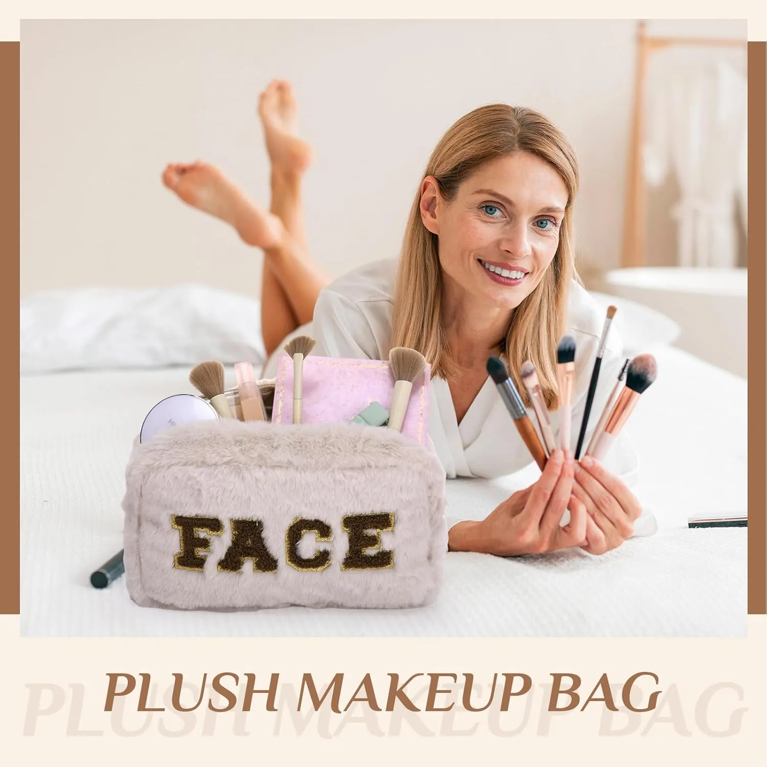 Paterr 4 Pieces Chenille Letter Preppy Patches Makeup Bag Plush Fuzzy Cosmetic Hair Face Skin Toiletry Travel Bag Pouch with Zipper Preppy Stuff for Girls Women(Brown)