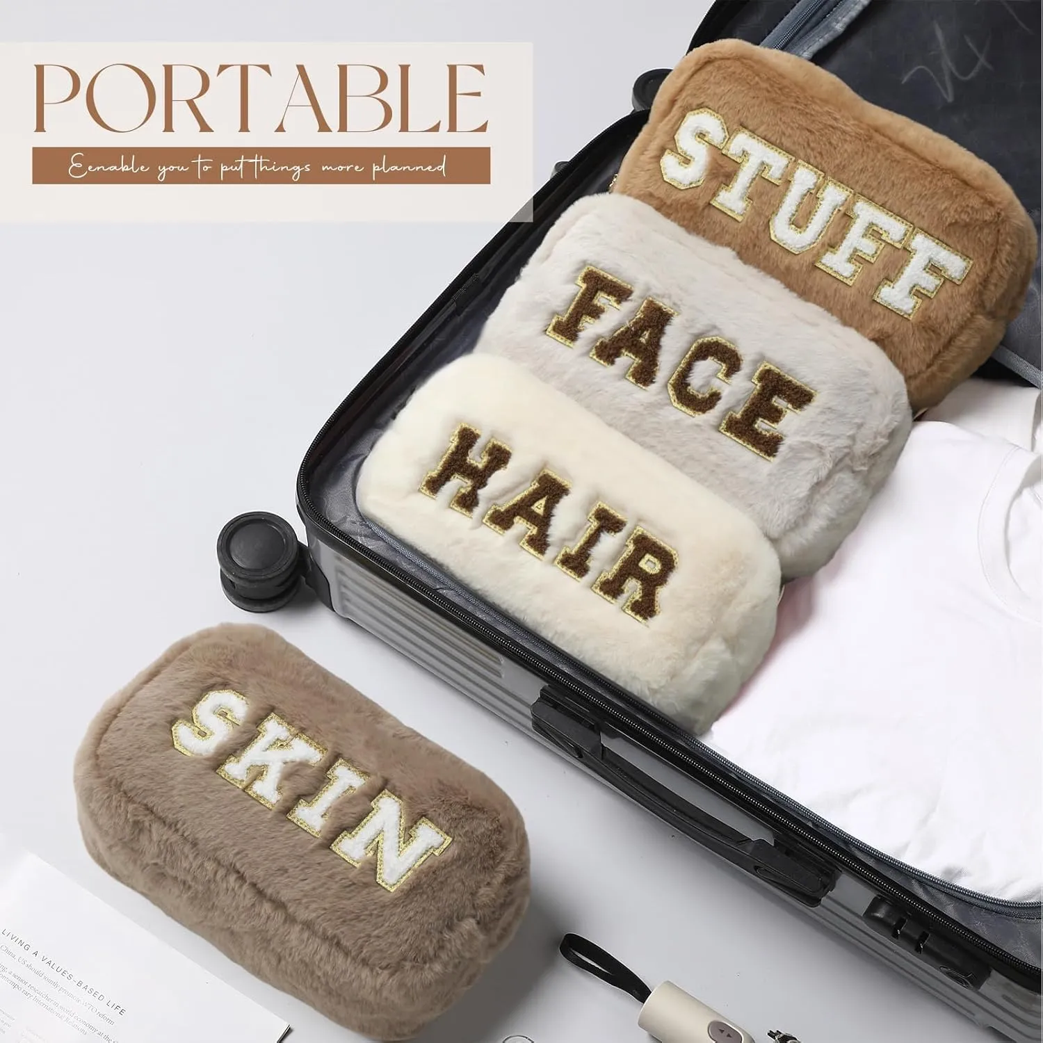 Paterr 4 Pieces Chenille Letter Preppy Patches Makeup Bag Plush Fuzzy Cosmetic Hair Face Skin Toiletry Travel Bag Pouch with Zipper Preppy Stuff for Girls Women(Brown)