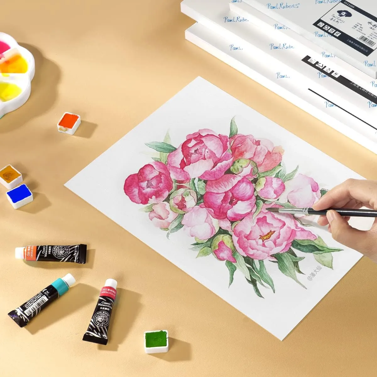 Paul Rubens 60 Sheets Watercolor Paper, Hot Press 50% Cotton&140lb /300gsm Acid-Free Bulk White Paper for Artists, Students & Adults（7.68 * 5.31 inch）