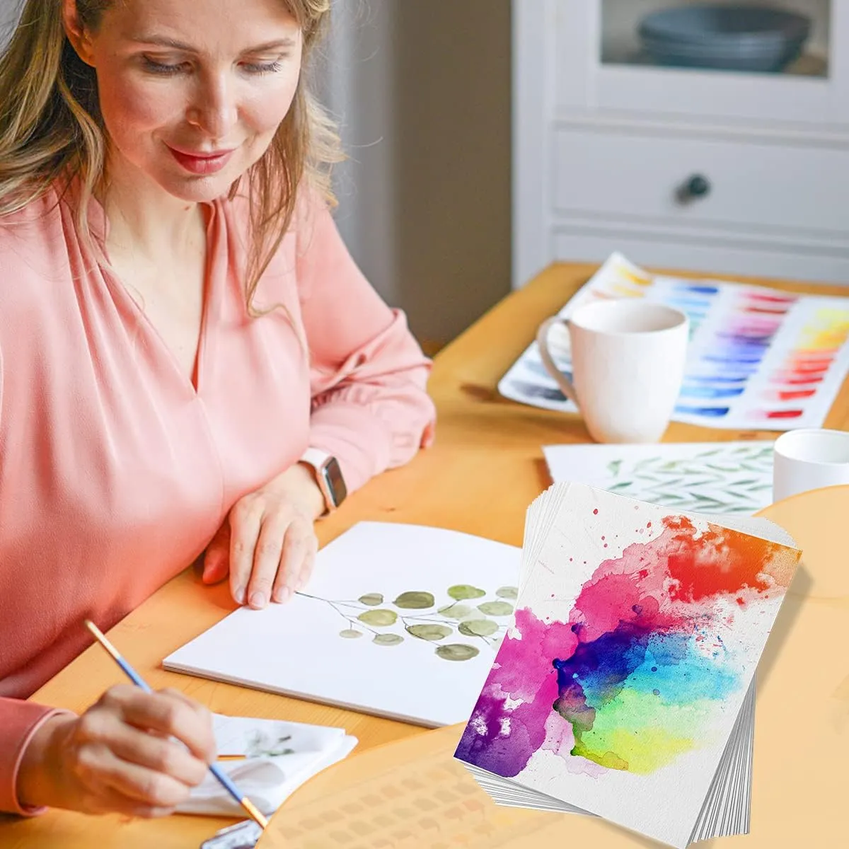 Paul Rubens 60 Sheets Watercolor Paper, Hot Press 50% Cotton&140lb /300gsm Acid-Free Bulk White Paper for Artists, Students & Adults（7.68 * 5.31 inch）