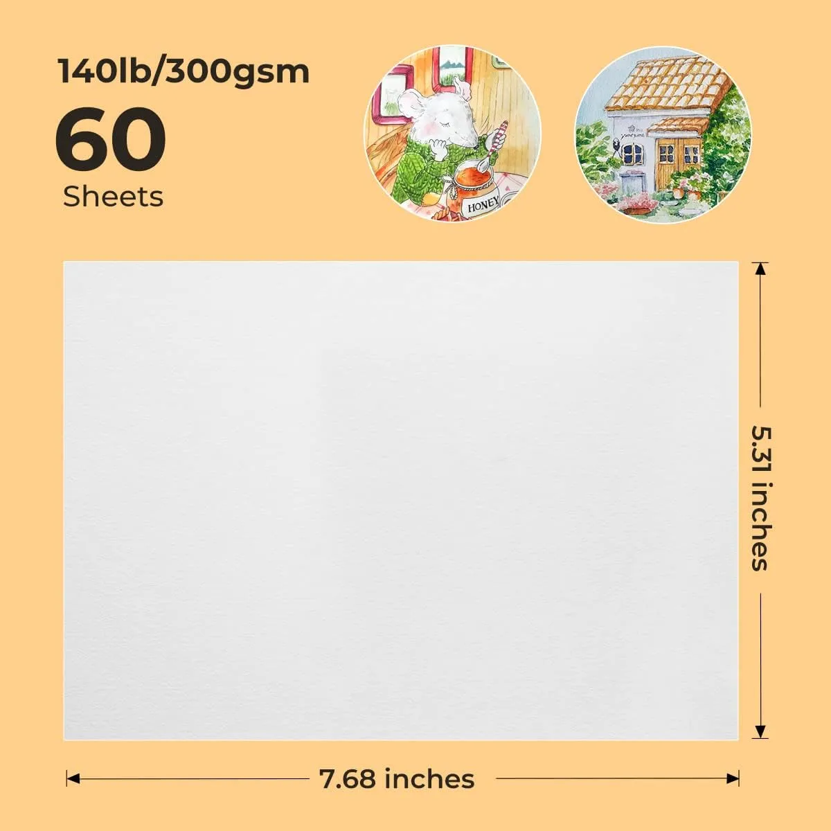 Paul Rubens 60 Sheets Watercolor Paper, Hot Press 50% Cotton&140lb /300gsm Acid-Free Bulk White Paper for Artists, Students & Adults（7.68 * 5.31 inch）