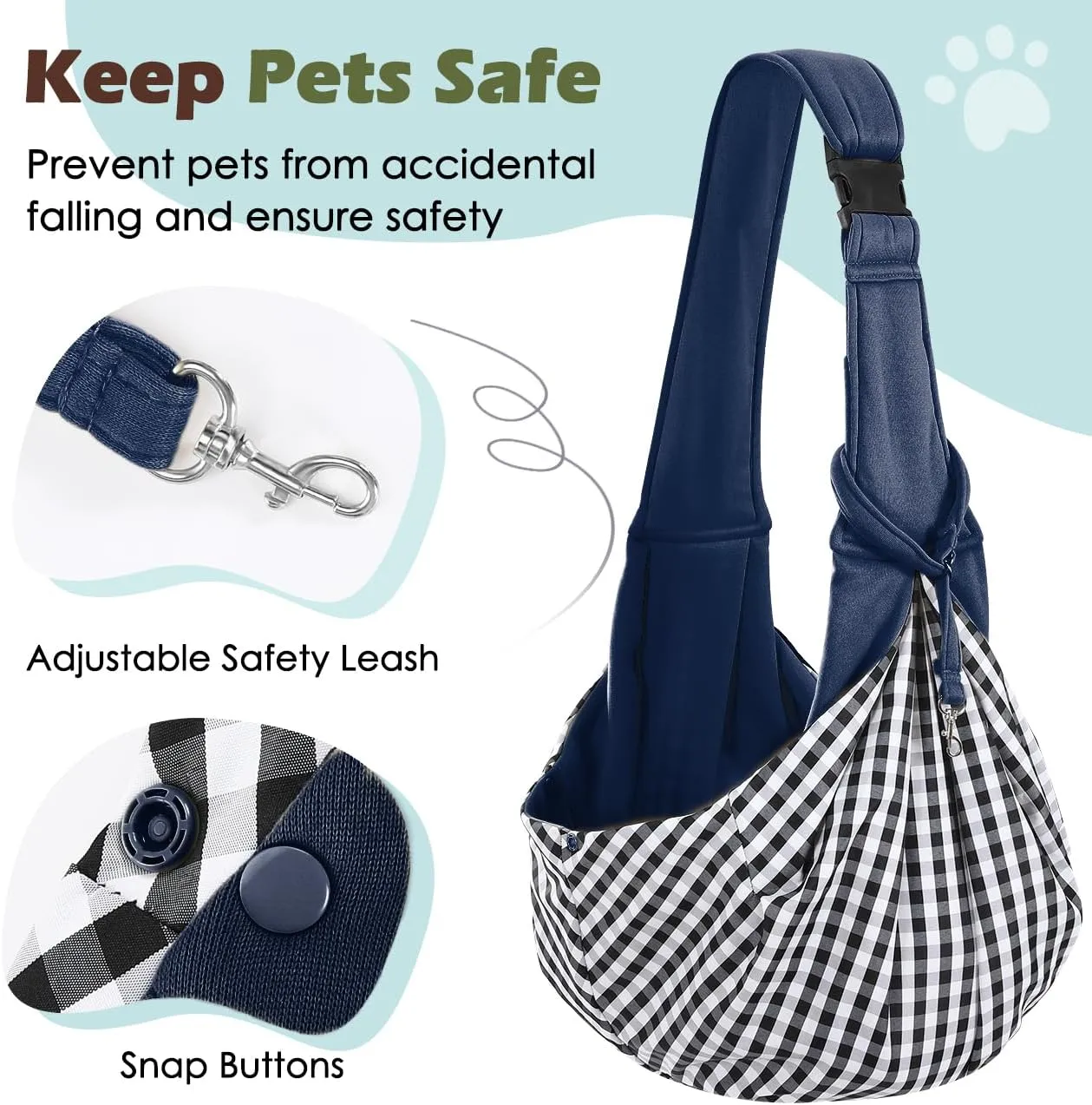 Pawaboo Small Dog Sling Carrier, Reversible Hands Free Dog Sling Carrier for Small Dogs Cats, Puppy Sling Carrier with Adjustable Strap Buckle & Safety Harness, Puppy Essentials, Navy Blue