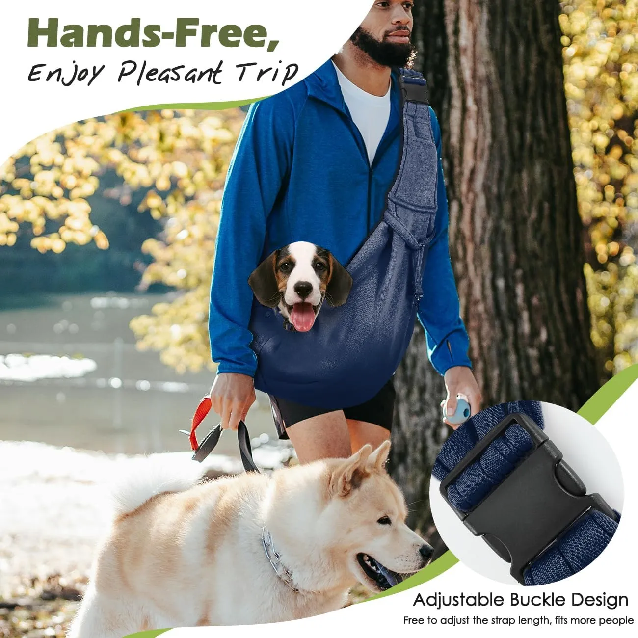 Pawaboo Small Dog Sling Carrier, Reversible Hands Free Dog Sling Carrier for Small Dogs Cats, Puppy Sling Carrier with Adjustable Strap Buckle & Safety Harness, Puppy Essentials, Navy Blue