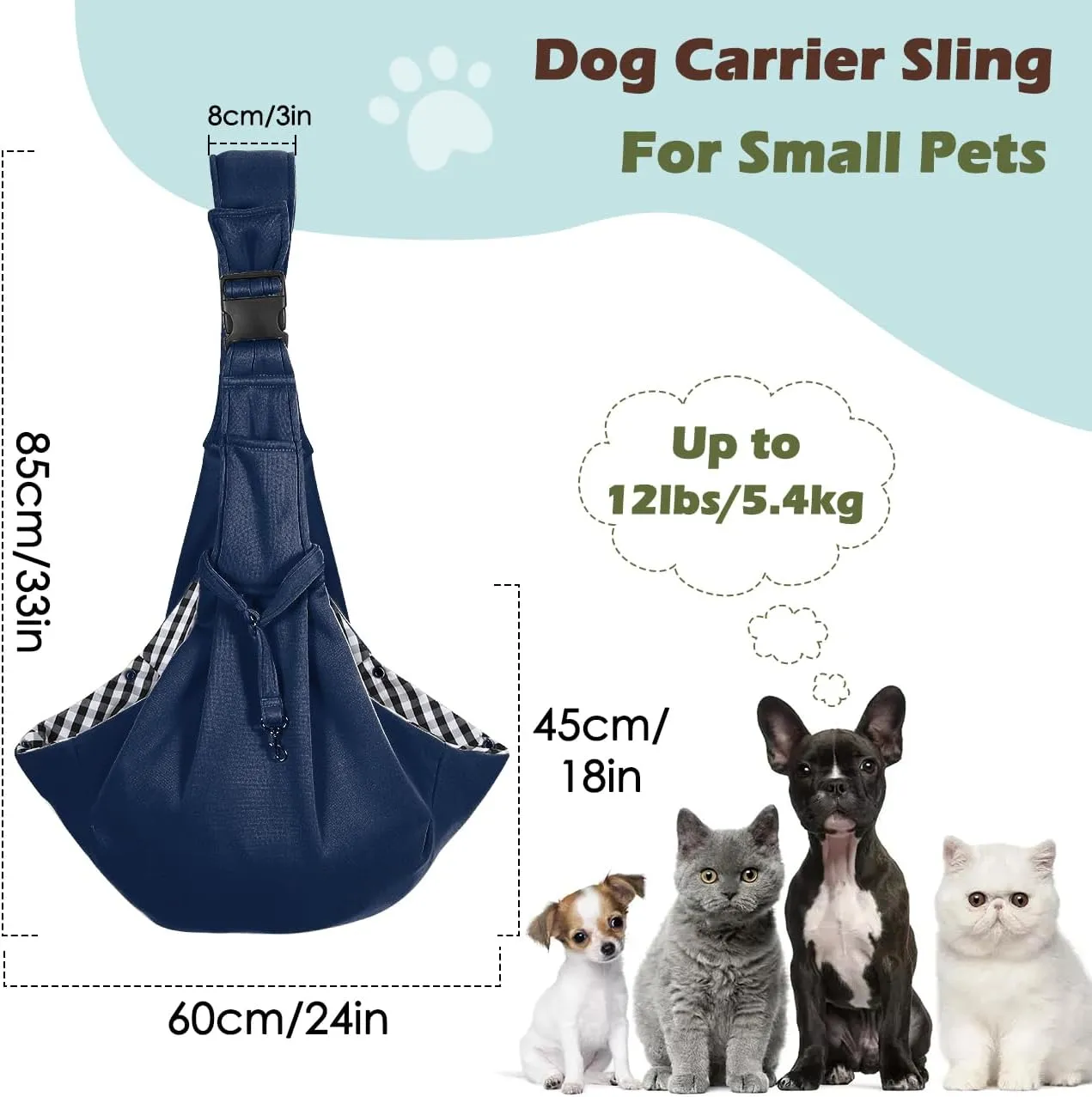Pawaboo Small Dog Sling Carrier, Reversible Hands Free Dog Sling Carrier for Small Dogs Cats, Puppy Sling Carrier with Adjustable Strap Buckle & Safety Harness, Puppy Essentials, Navy Blue