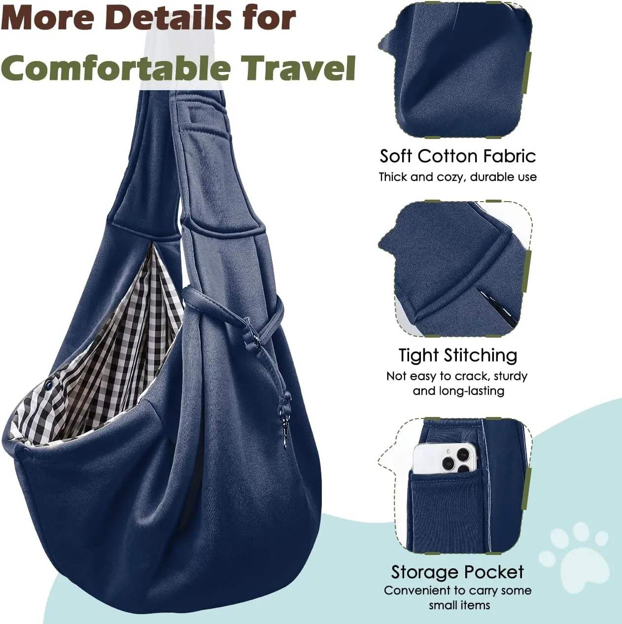 Pawaboo Small Dog Sling Carrier, Reversible Hands Free Dog Sling Carrier for Small Dogs Cats, Puppy Sling Carrier with Adjustable Strap Buckle & Safety Harness, Puppy Essentials, Navy Blue