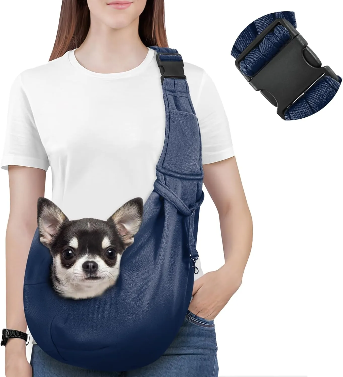 Pawaboo Small Dog Sling Carrier, Reversible Hands Free Dog Sling Carrier for Small Dogs Cats, Puppy Sling Carrier with Adjustable Strap Buckle & Safety Harness, Puppy Essentials, Navy Blue