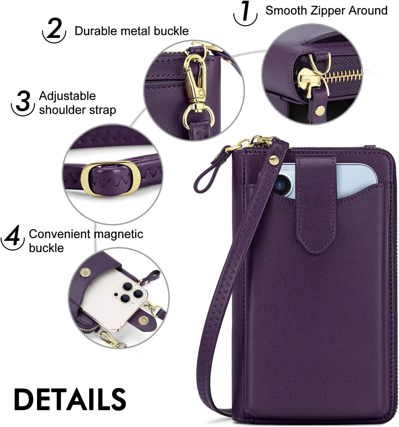 Peacocktion Black Small Crossbody Bags for Women, RFID Leather Cell Phone Purses Wallet, Trendy Crossbody Purses with Zipper