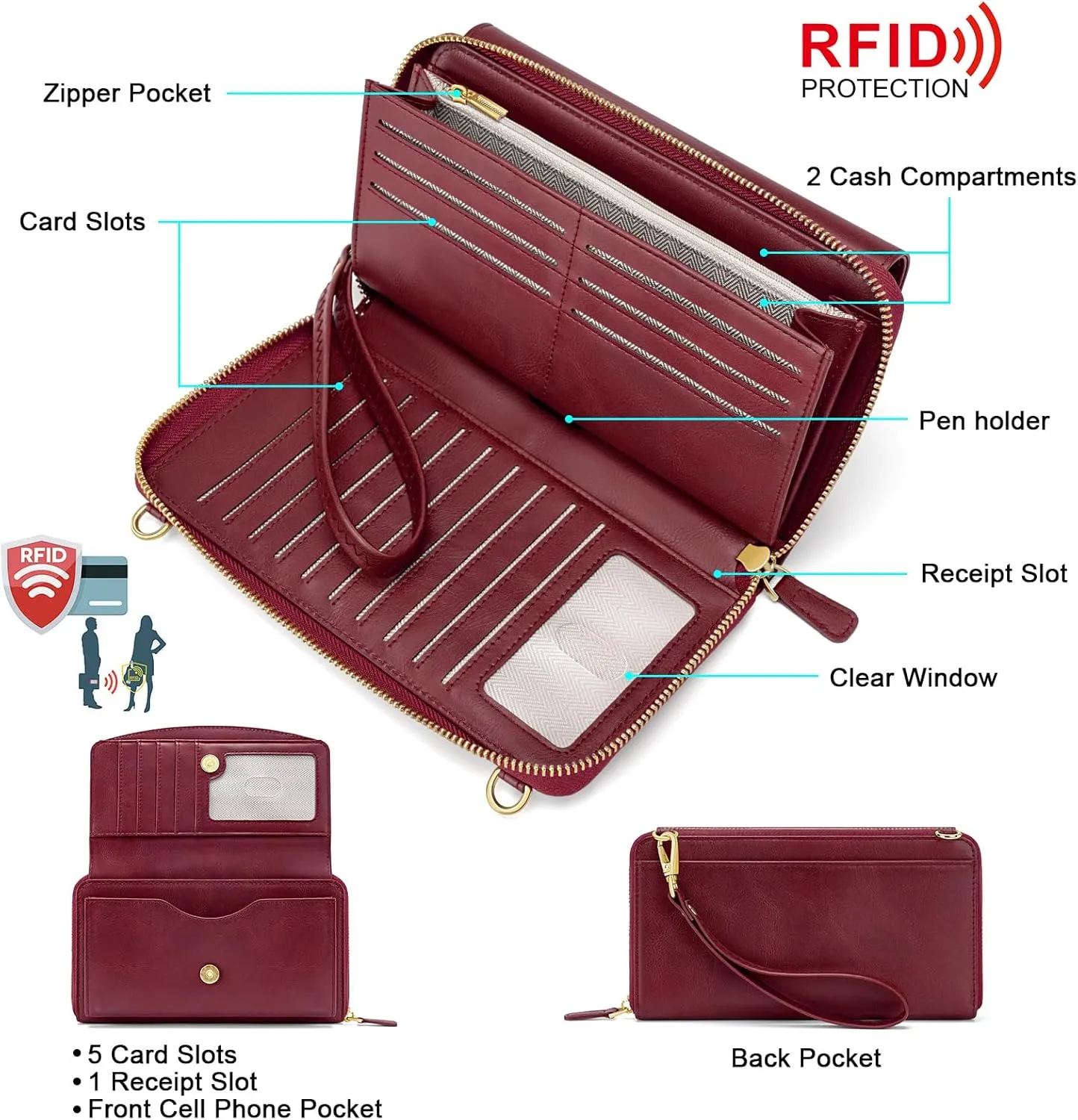 Peacocktion Women Wallet Purse Card Holder with RFID, Large Capacity Crossbody Wristlet Clutch 2 Straps