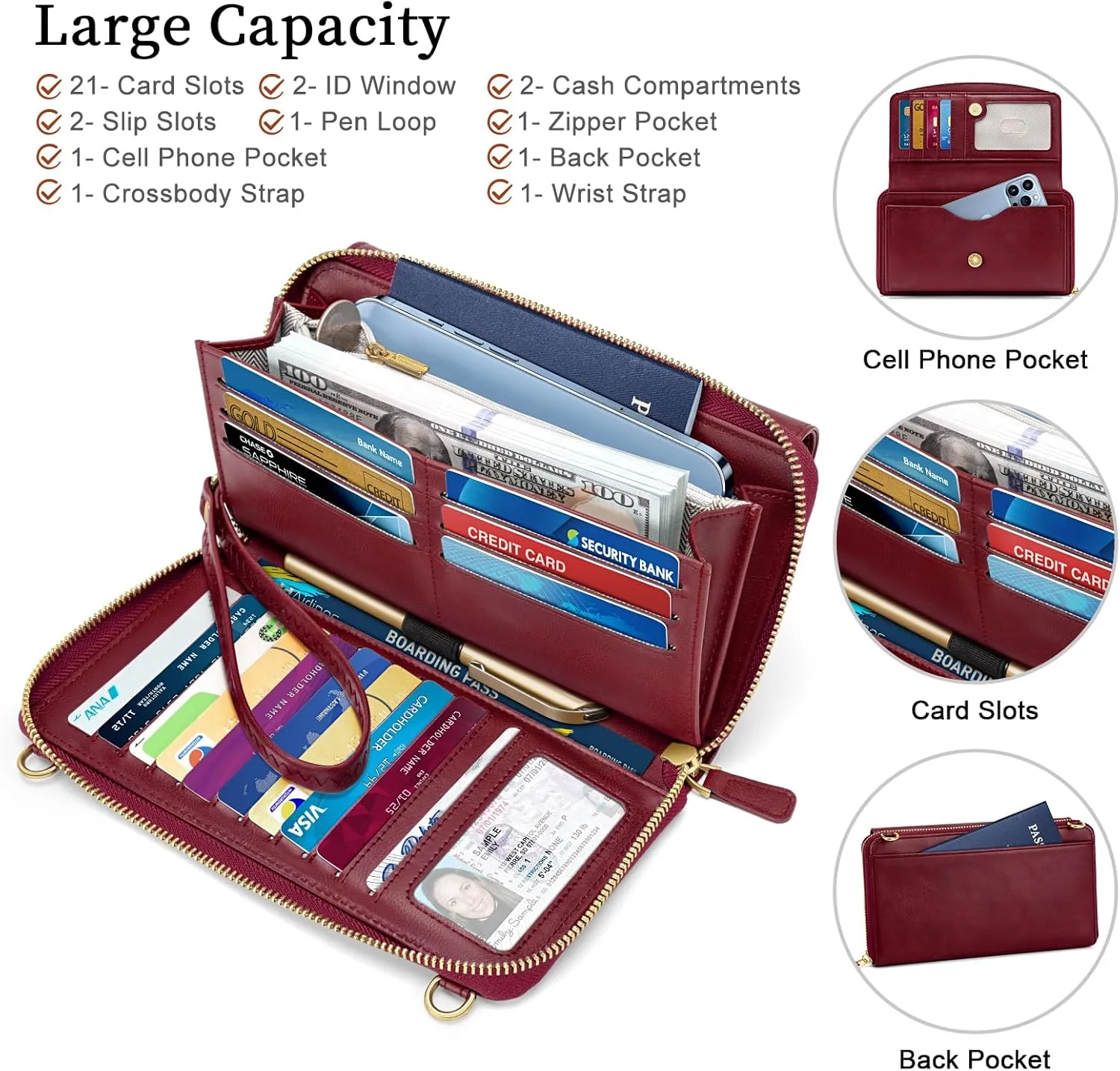 Peacocktion Women Wallet Purse Card Holder with RFID, Large Capacity Crossbody Wristlet Clutch 2 Straps