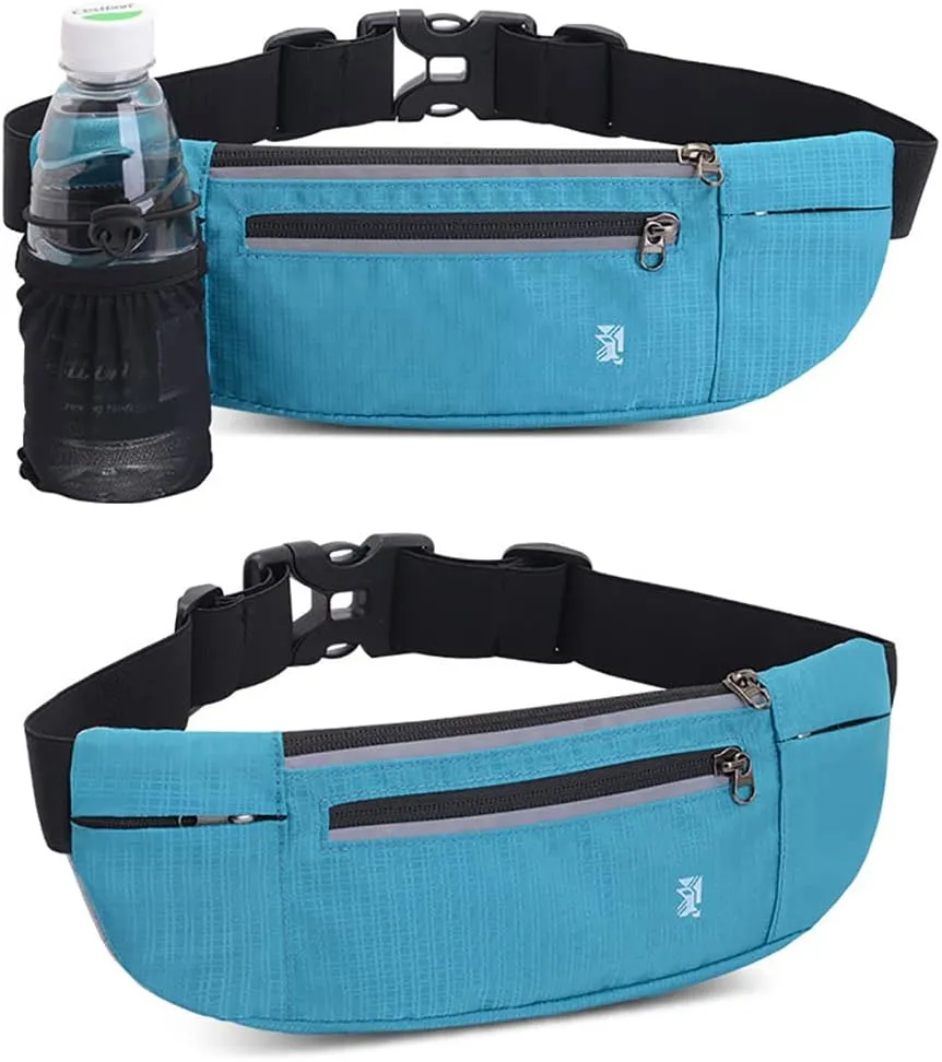 Peicees Fanny Pack with Water Bottle Holder Waist Bag for Men Women Water Resistant Lightweight Reflective Adjustable Running Belt Headphone Bag Travel Pocket for Outdoor Camping Fitness Hiking