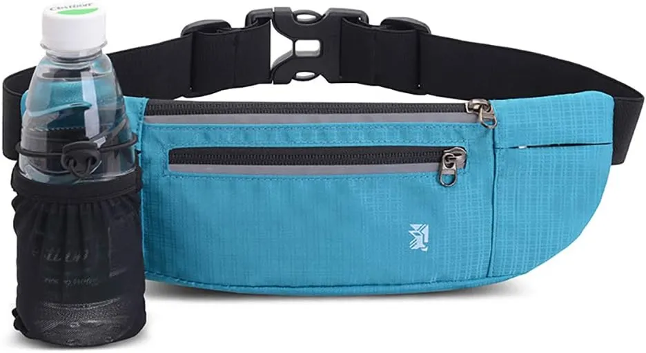 Peicees Fanny Pack with Water Bottle Holder Waist Bag for Men Women Water Resistant Lightweight Reflective Adjustable Running Belt Headphone Bag Travel Pocket for Outdoor Camping Fitness Hiking