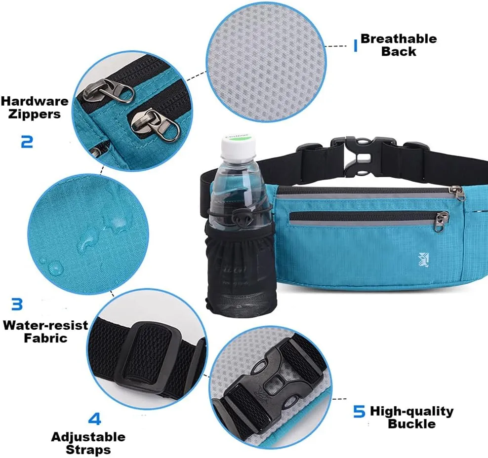 Peicees Fanny Pack with Water Bottle Holder Waist Bag for Men Women Water Resistant Lightweight Reflective Adjustable Running Belt Headphone Bag Travel Pocket for Outdoor Camping Fitness Hiking