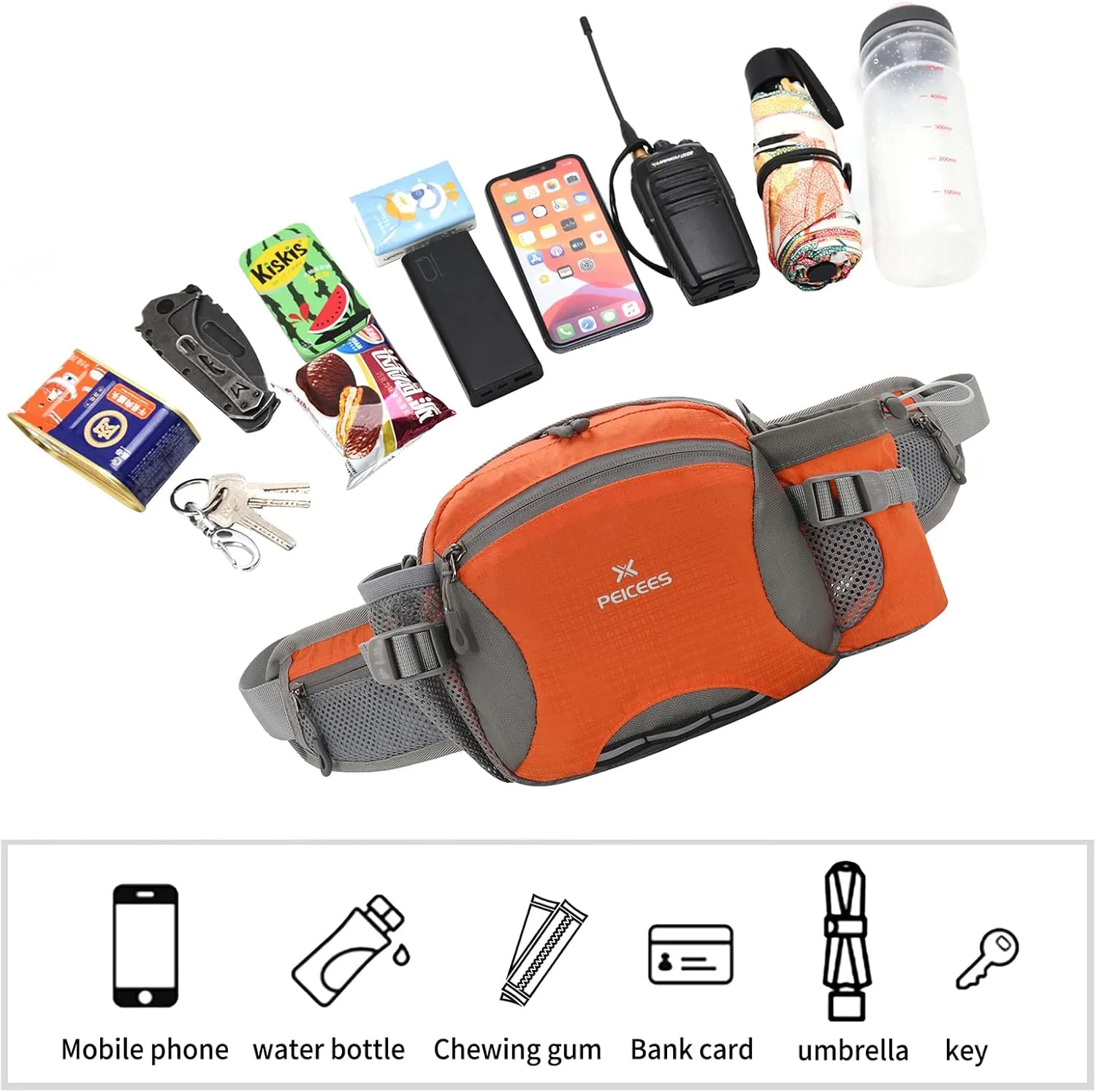 Peicees Hiking Fanny Pack Large Waist Bag for Men Women with Bottle Holder Water Resistant Lumbar Pack for Hiking Camping Fishing Outdoor (Bottle Not Included)