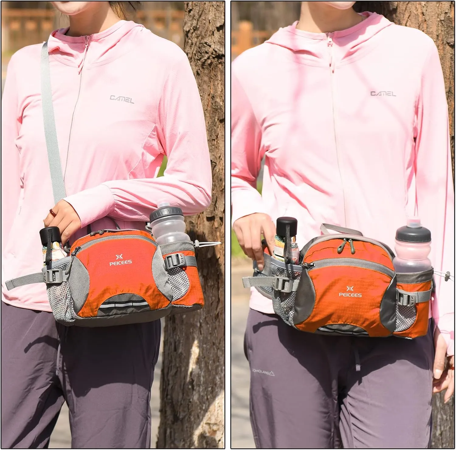 Peicees Hiking Fanny Pack Large Waist Bag for Men Women with Bottle Holder Water Resistant Lumbar Pack for Hiking Camping Fishing Outdoor (Bottle Not Included)