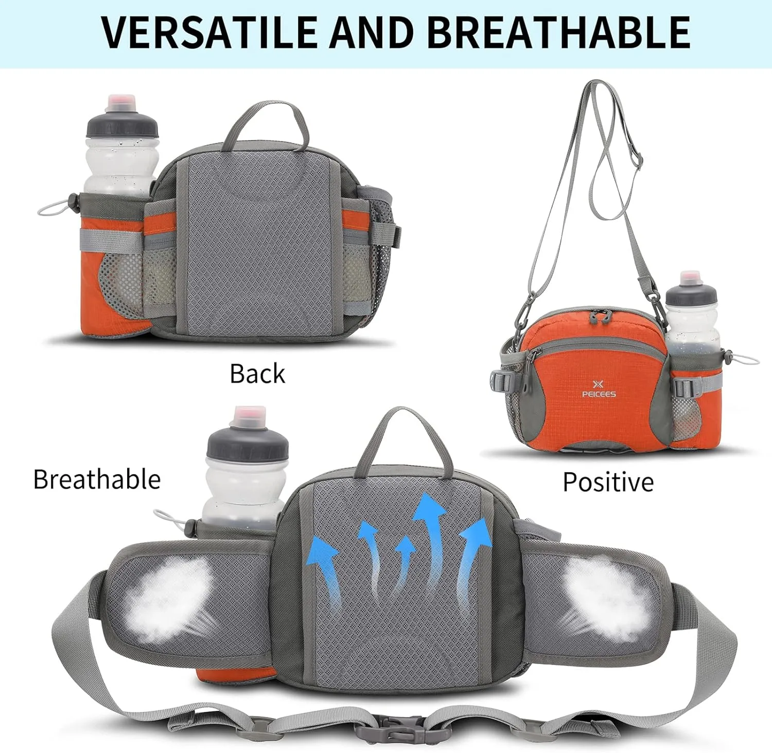 Peicees Hiking Fanny Pack Large Waist Bag for Men Women with Bottle Holder Water Resistant Lumbar Pack for Hiking Camping Fishing Outdoor (Bottle Not Included)