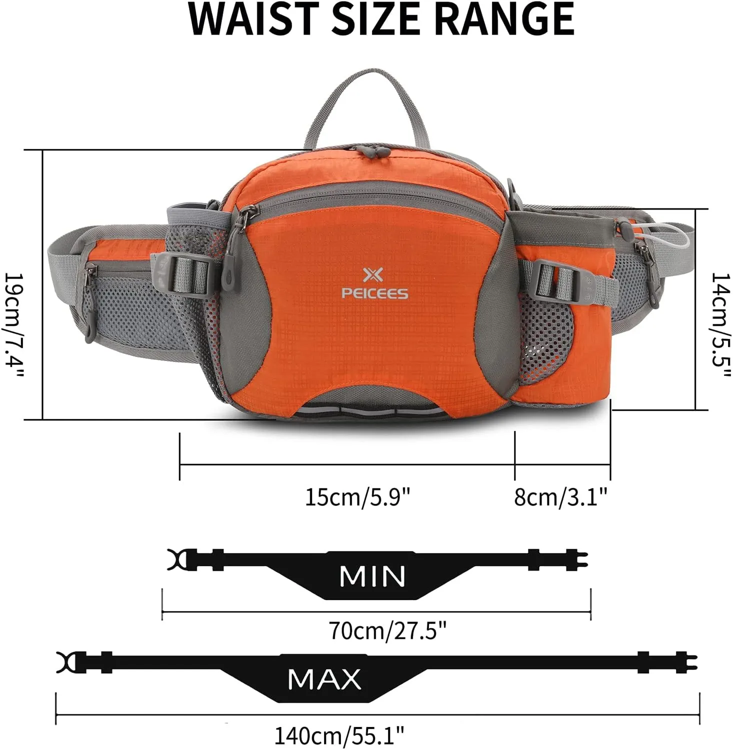 Peicees Hiking Fanny Pack Large Waist Bag for Men Women with Bottle Holder Water Resistant Lumbar Pack for Hiking Camping Fishing Outdoor (Bottle Not Included)