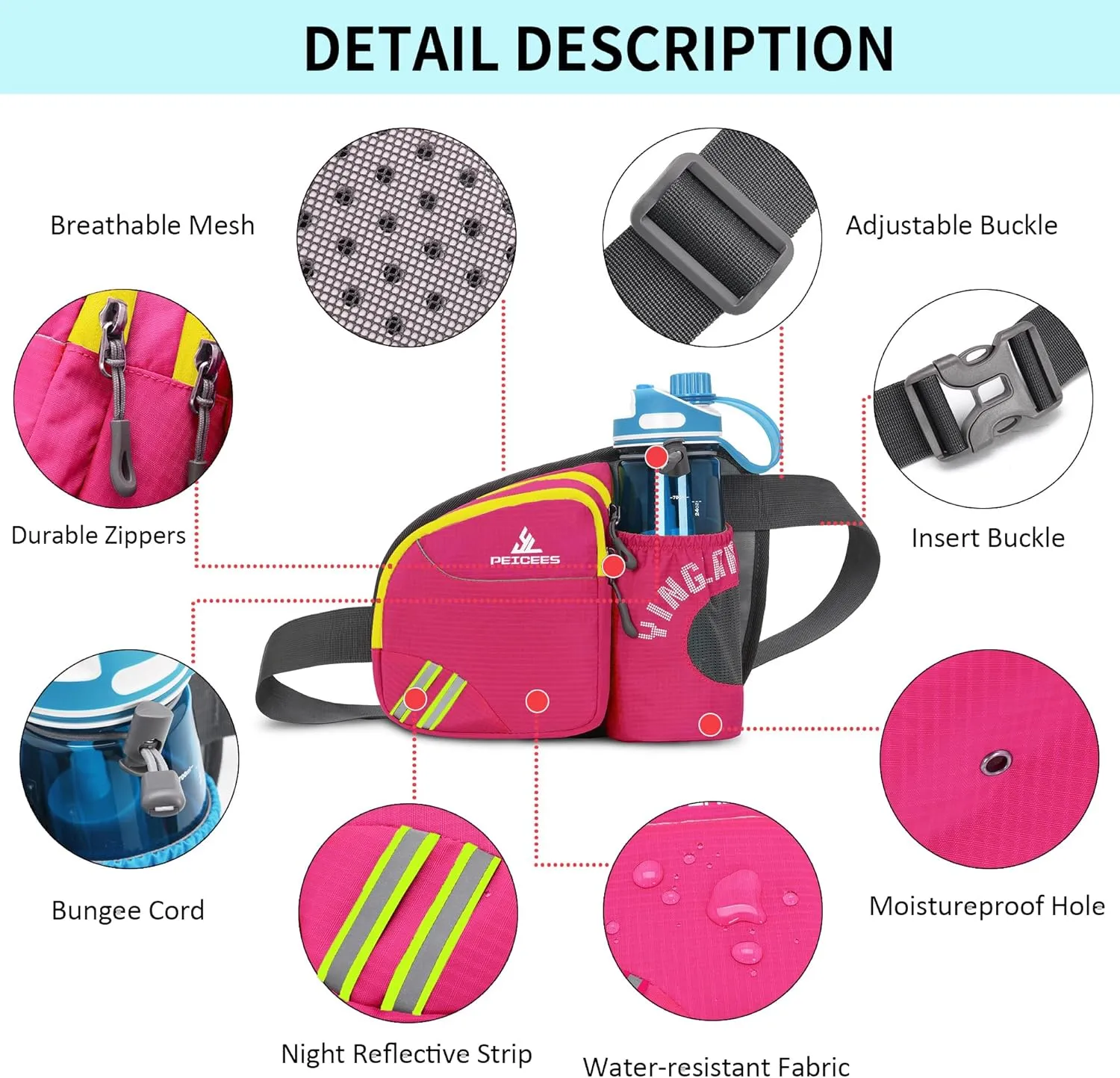 Peicees Waist Bag Fanny Pack with Water Bottle Holder for Men Women Hiking Running Dog Walking Fit All Phones (Bottle Not Included), Colorful Reflective Strip&Zipper-Rose Red