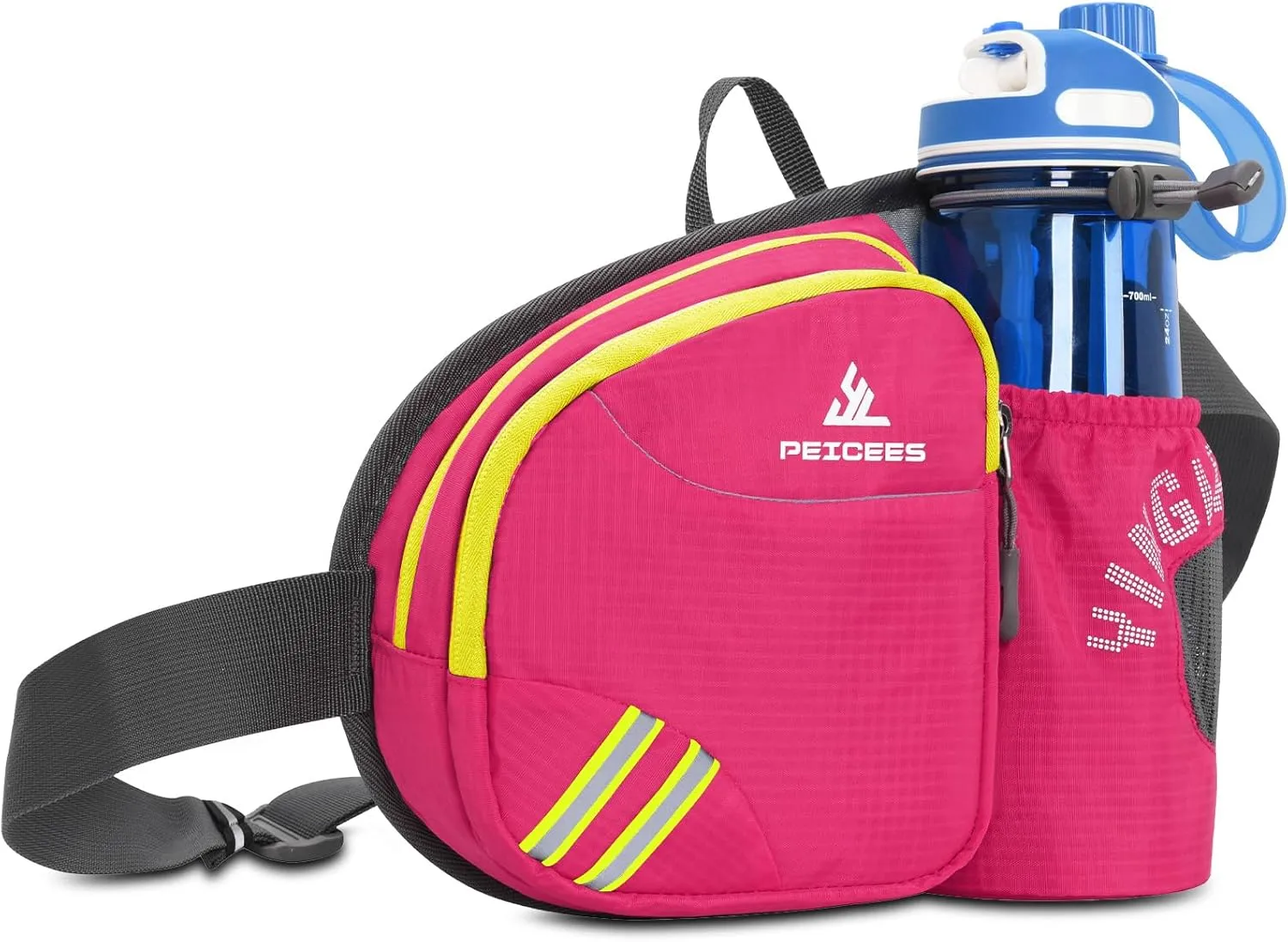 Peicees Waist Bag Fanny Pack with Water Bottle Holder for Men Women Hiking Running Dog Walking Fit All Phones (Bottle Not Included), Colorful Reflective Strip&Zipper-Rose Red