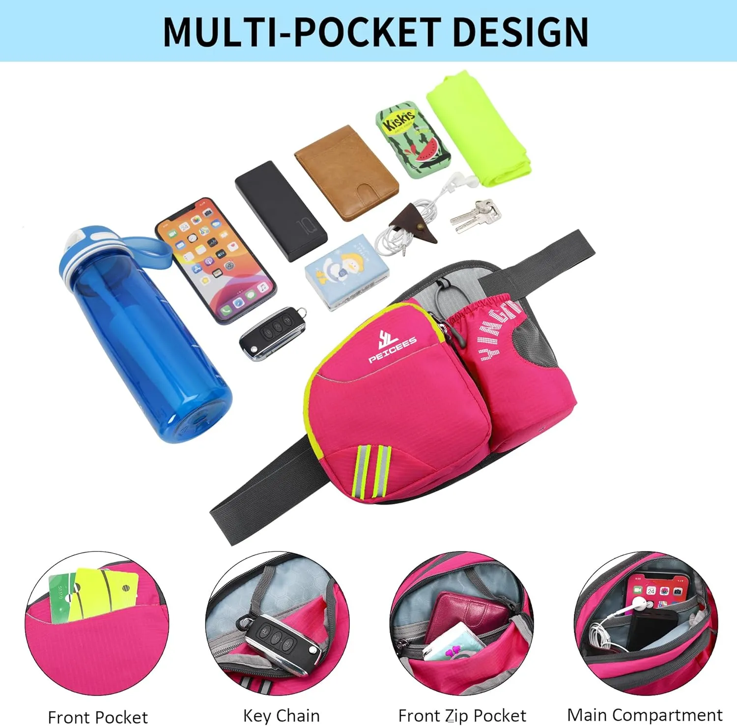 Peicees Waist Bag Fanny Pack with Water Bottle Holder for Men Women Hiking Running Dog Walking Fit All Phones (Bottle Not Included), Colorful Reflective Strip&Zipper-Rose Red