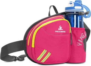 Peicees Waist Bag Fanny Pack with Water Bottle Holder for Men Women Hiking Running Dog Walking Fit All Phones (Bottle Not Included), Colorful Reflective Strip&Zipper-Rose Red