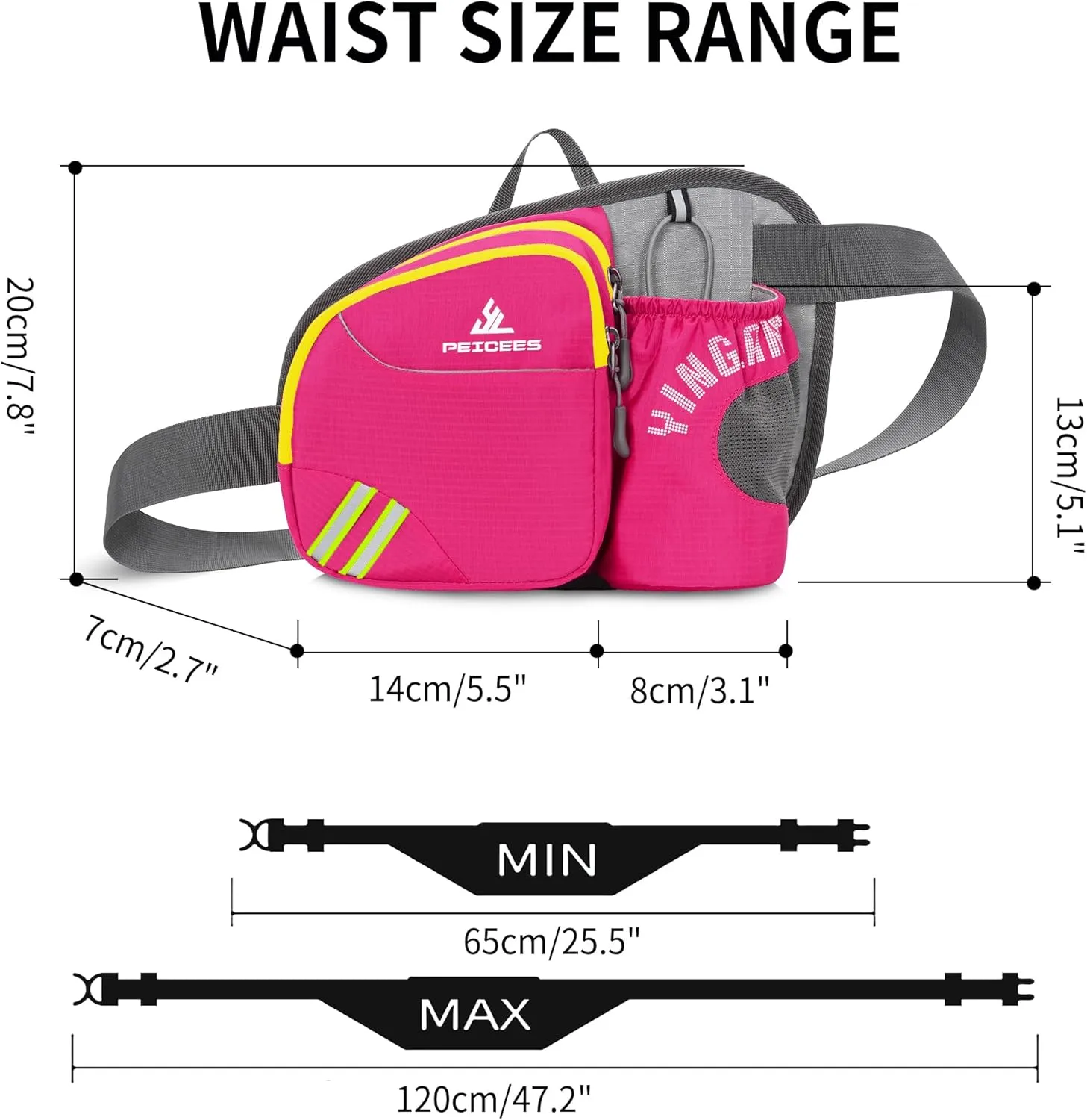 Peicees Waist Bag Fanny Pack with Water Bottle Holder for Men Women Hiking Running Dog Walking Fit All Phones (Bottle Not Included), Colorful Reflective Strip&Zipper-Rose Red