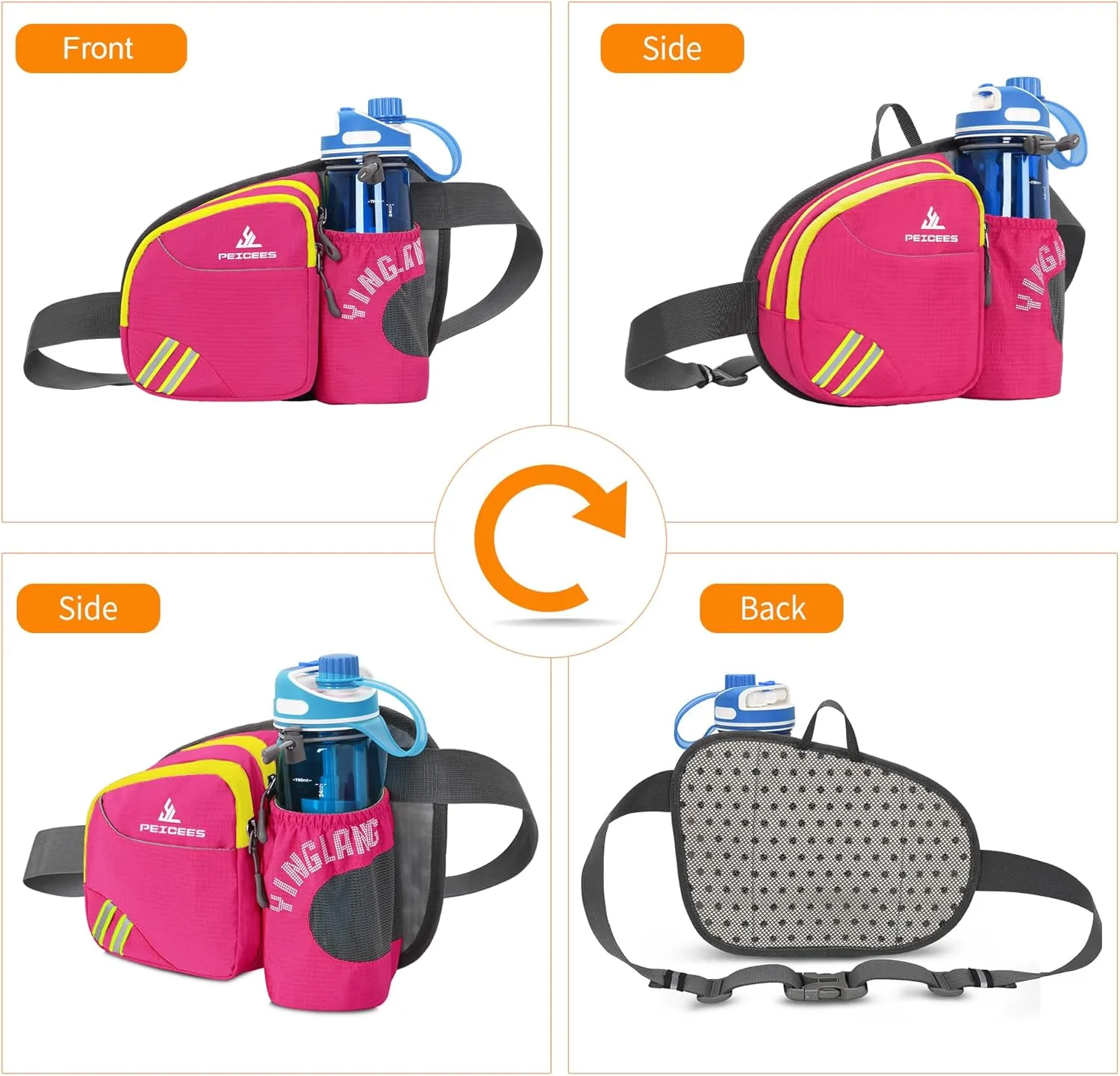 Peicees Waist Bag Fanny Pack with Water Bottle Holder for Men Women Hiking Running Dog Walking Fit All Phones (Bottle Not Included), Colorful Reflective Strip&Zipper-Rose Red