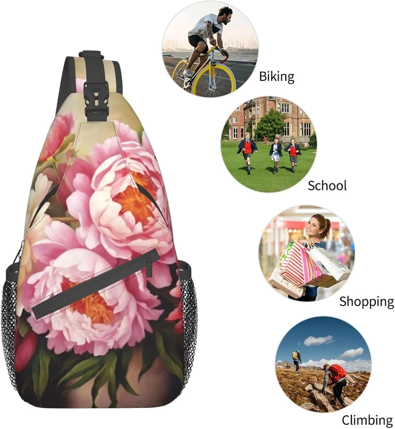Peony Flowers Blossom Print Men'S Casual Crossbody Chest Bag - A Versatile Accessory For Everyday Use And Short Trips