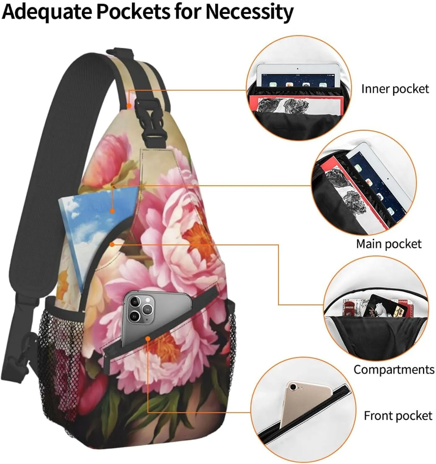 Peony Flowers Blossom Print Men'S Casual Crossbody Chest Bag - A Versatile Accessory For Everyday Use And Short Trips