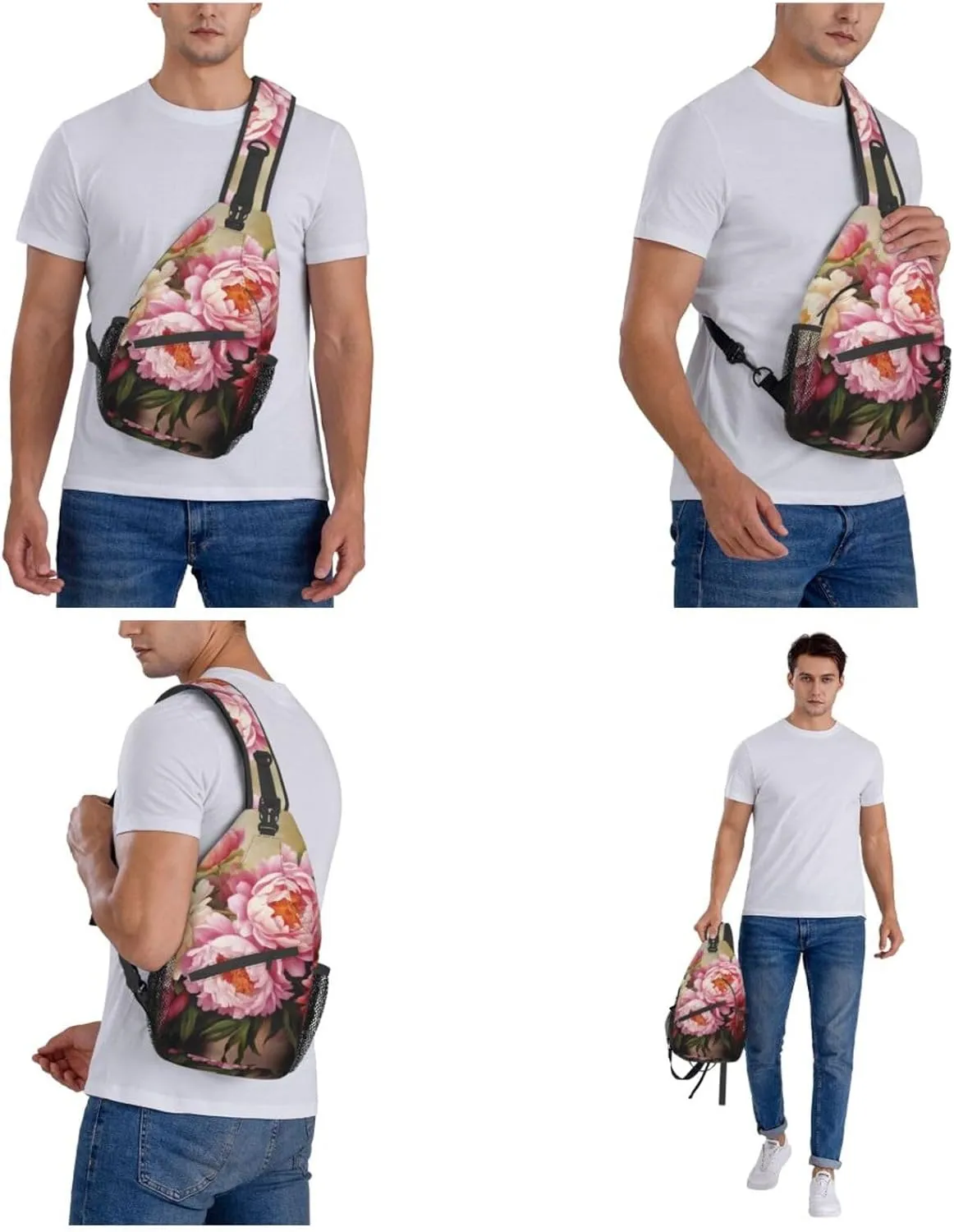 Peony Flowers Blossom Print Men'S Casual Crossbody Chest Bag - A Versatile Accessory For Everyday Use And Short Trips