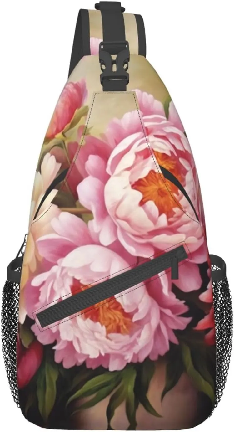 Peony Flowers Blossom Print Men'S Casual Crossbody Chest Bag - A Versatile Accessory For Everyday Use And Short Trips