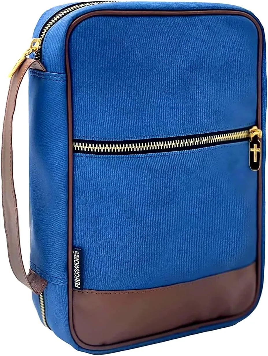 Performore Canvas Bible Cover Bag, Blue Jean Pattern with Handle, Pockets and Zipper for Standard and Large Size Study Bible Carrier, Ideal Also as A Book Cover, 10.2" X 2.7" X 7.5"