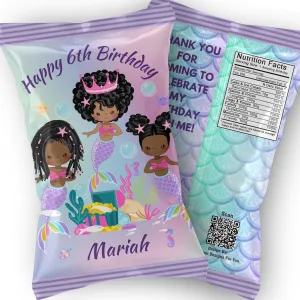 Personalized Black Mermaid Party Favor - Mermaid Party Supplies for Girl Birthday Party (12 Chips Bags)