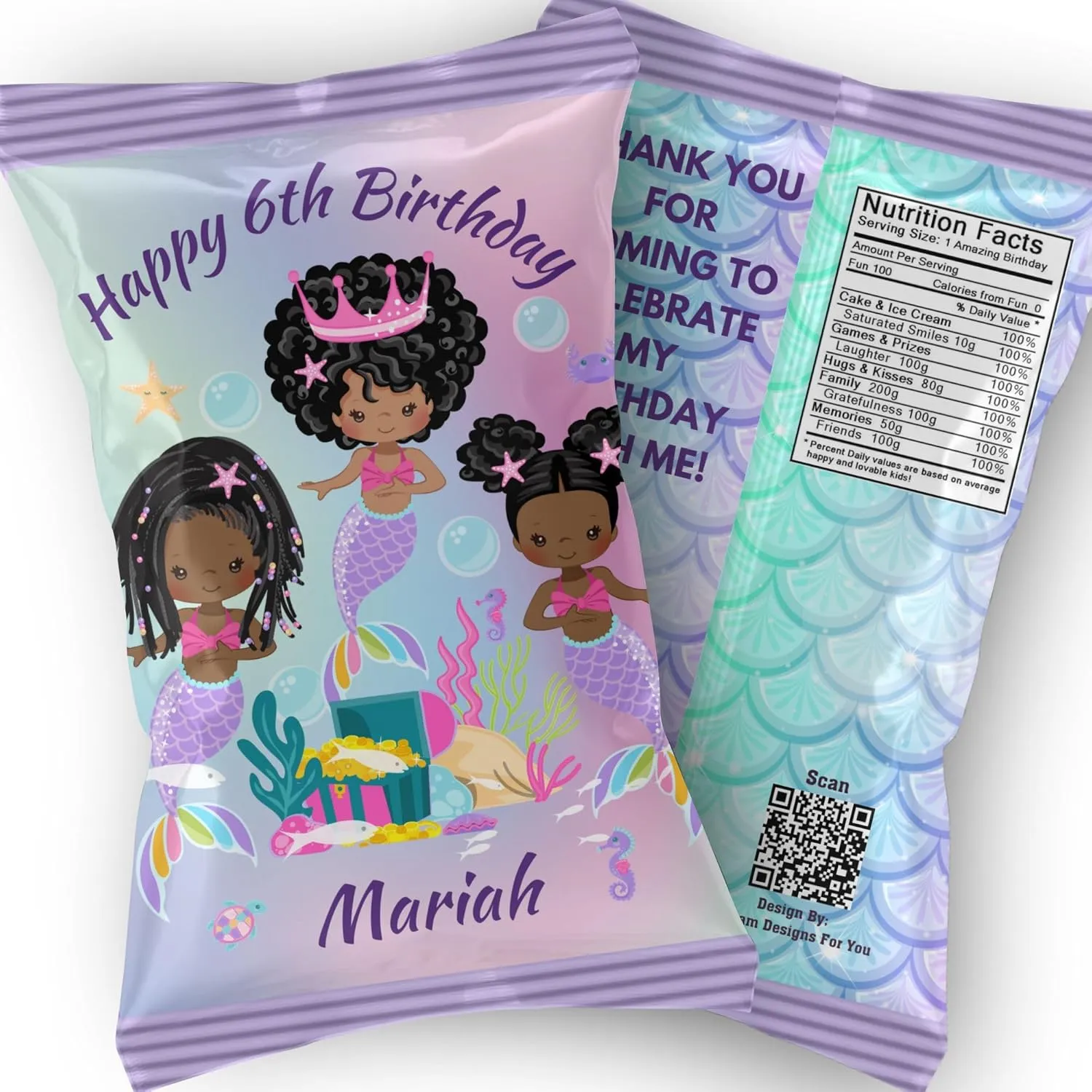 Personalized Black Mermaid Party Favor - Mermaid Party Supplies for Girl Birthday Party (12 Chips Bags)