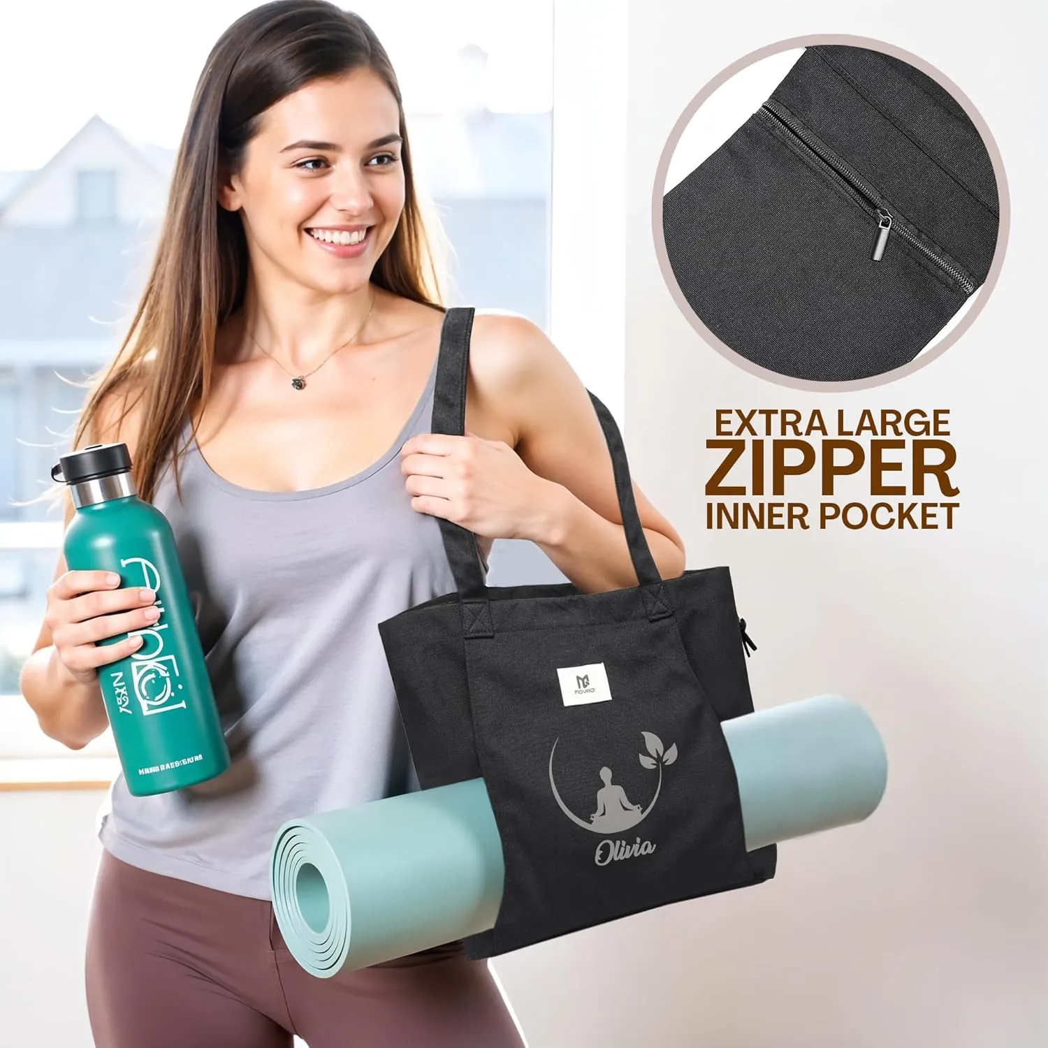 Personalized Yoga Mat Bag Carrier with Name, Custom Logo Yoga Mat Bags for Women, Canvas Shoulder Yoga Bags for Workout, Pilates, Travel Yoga Mat Carrier Tote Bag, Personalized Gift for Yogi