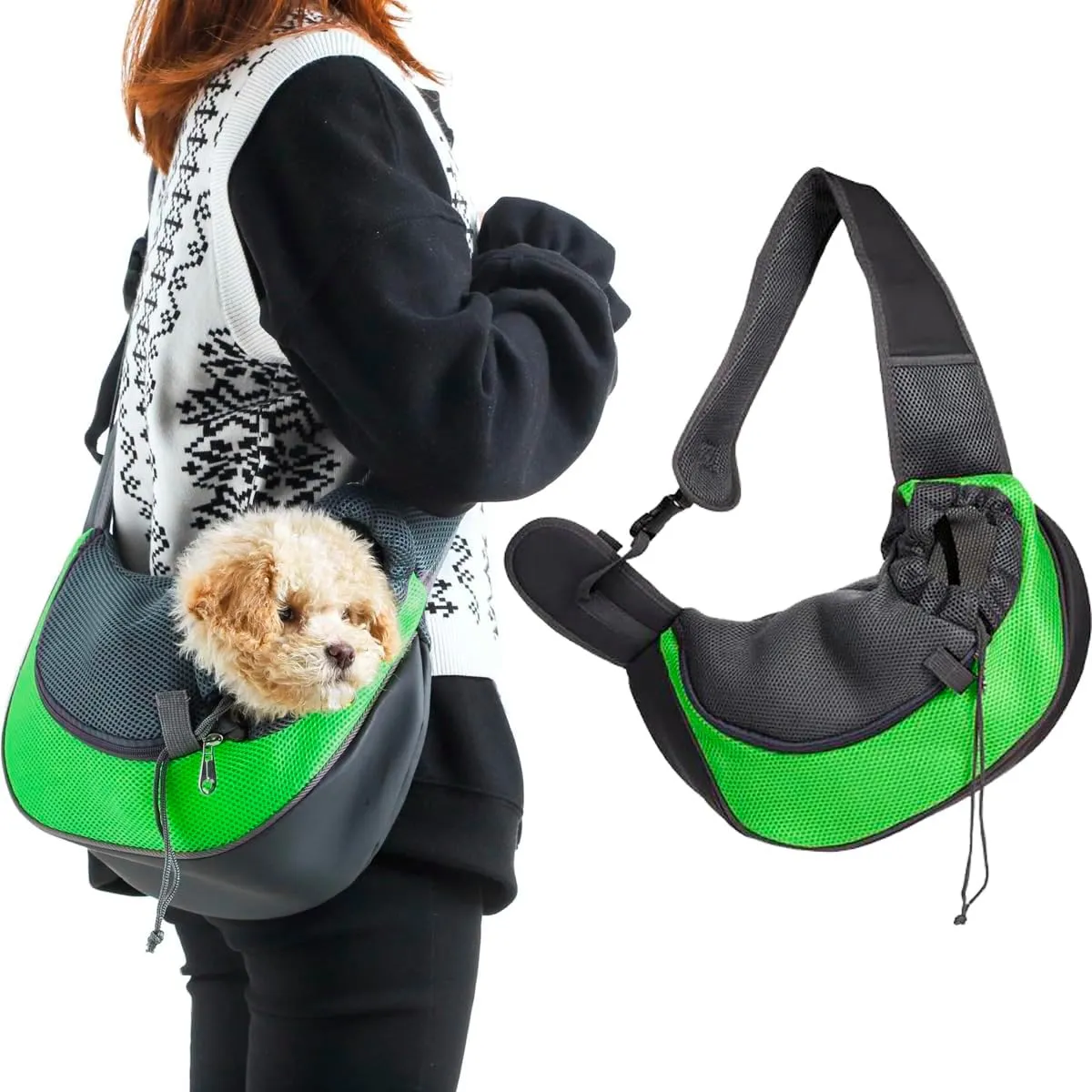 Pet Dog Sling Carrier Puppy Pet Slings Bag for Small Dogs Cats Satchel Carriers Breathable Mesh Hand Free with Adjustable Strap Doggie Crossbody for Outdoor Travel (Green, Small <5 lbs)