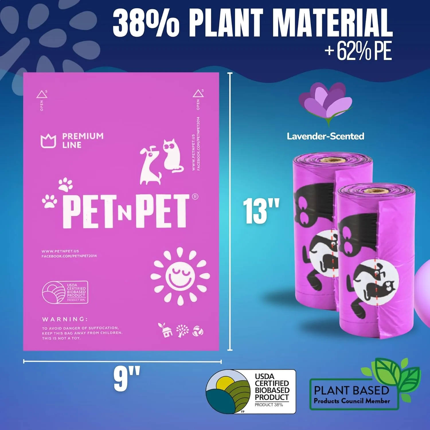 Pet N Pet Poop Bags for Dogs, 288 Counts Lavender Scented Dog Poop Bags Rolls with Leash Dispenser, USDA Certified 38% Plant Based & 62% PE Dogs Waste Bag, Doggie Poo Bag