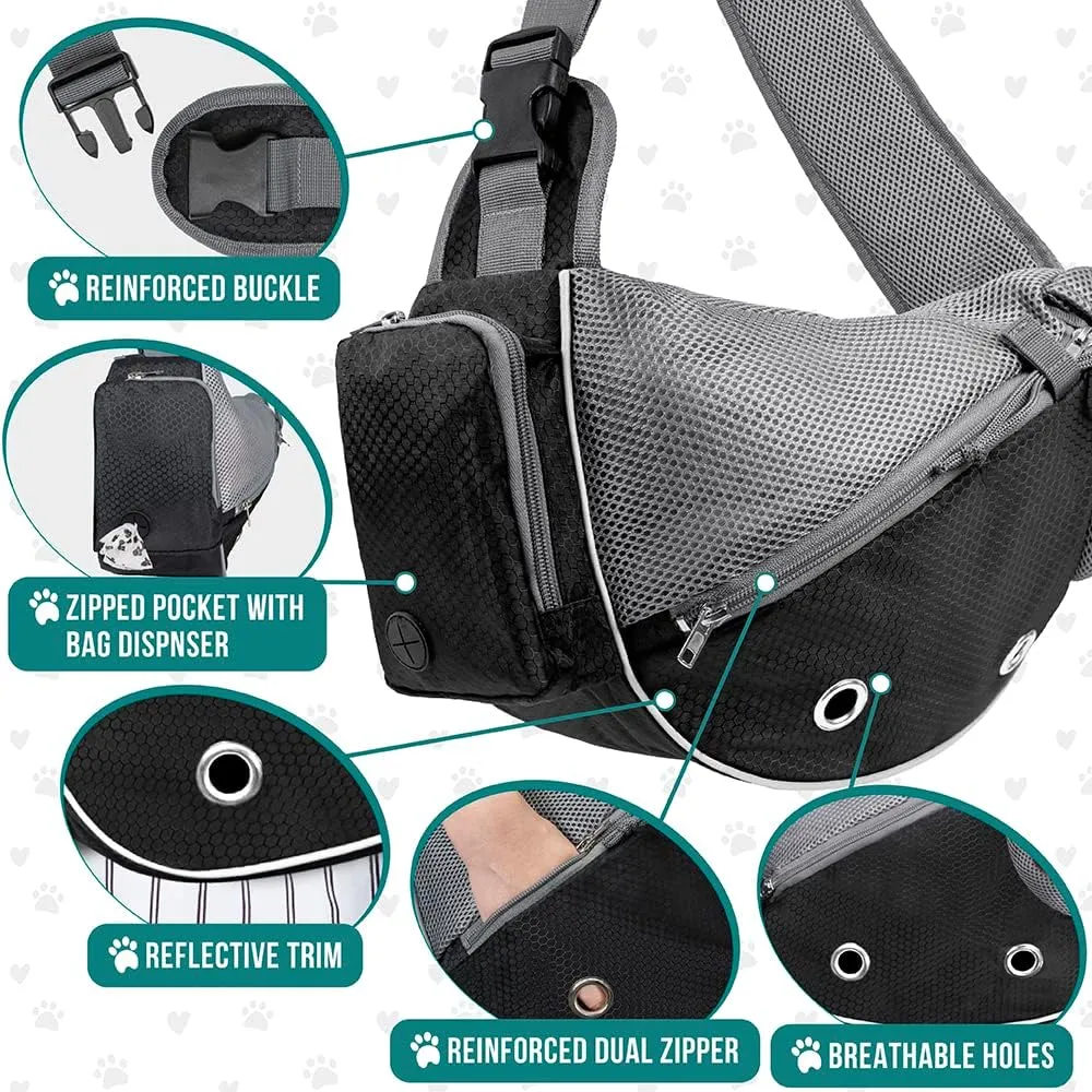 PetAmi Dog Sling Carrier for Small Dogs, Puppy Carrier Sling Purse, Dog Bags For Traveling, Carrying Bag to Wear Medium Cat, Adjustable Crossbody Pet Sling Travel Poop Bag Dispenser, Max 10 lbs, Black