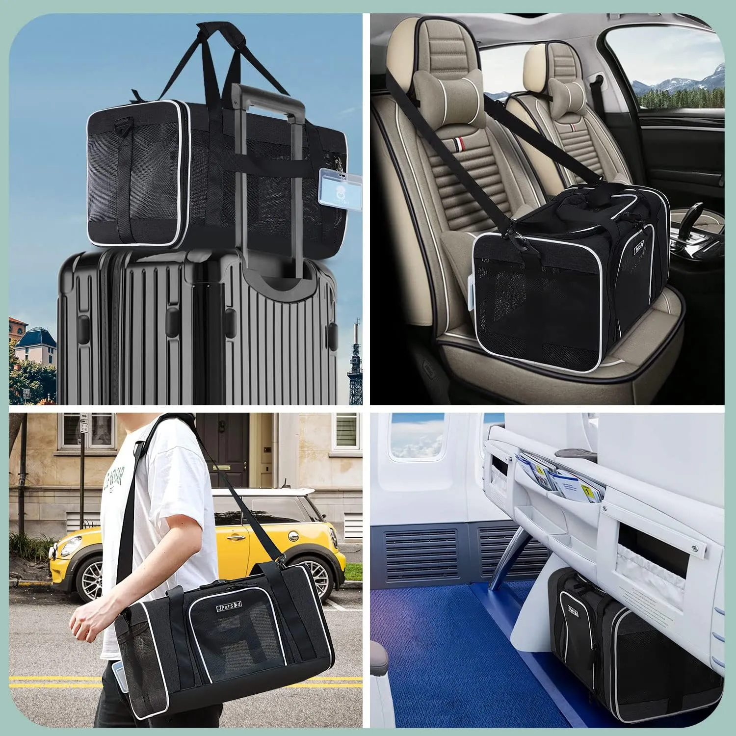 Petskd Pet Carrier 17x11x10.5 Delta American United Airline Approved, Pet Travel Carrier Bag for Small Cats and Dogs, Cat Soft Sided Carrier with Safety Lock Zippers, 5-Sided Breathable Mesh(Black)