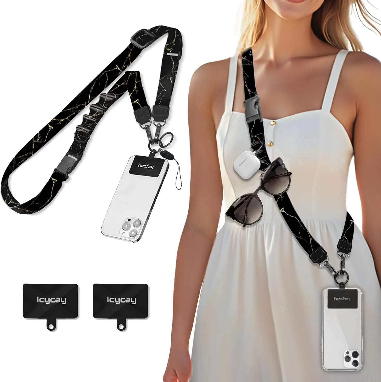 Phone Lanyard Crossbody, Black Marble Cell Phone Strap for Around The Neck Adjustable, Anti Theft Cute Lanyard for iPhone Case ID Holder Keys Accessories Travel Essential