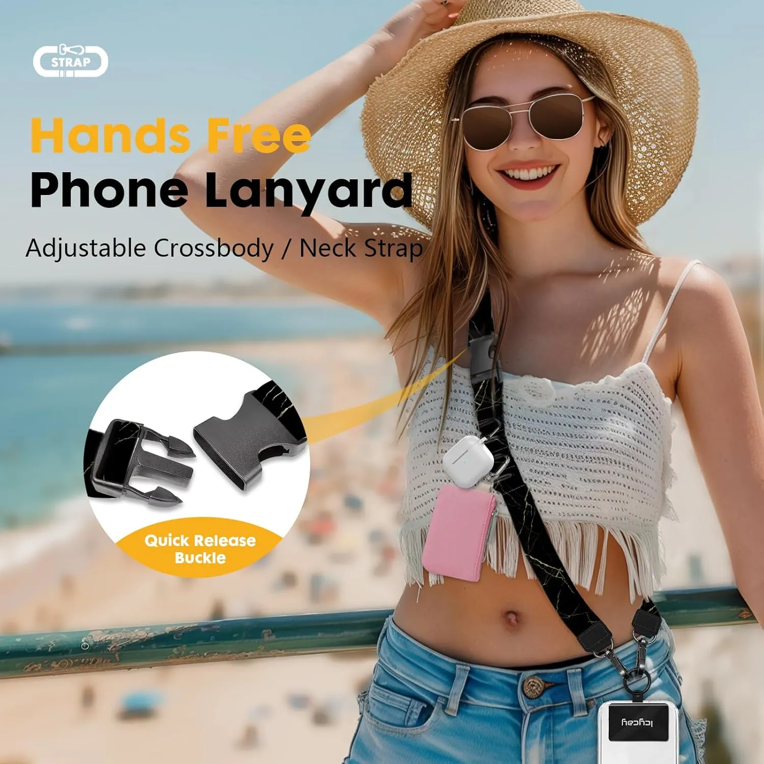 Phone Lanyard Crossbody, Black Marble Cell Phone Strap for Around The Neck Adjustable, Anti Theft Cute Lanyard for iPhone Case ID Holder Keys Accessories Travel Essential