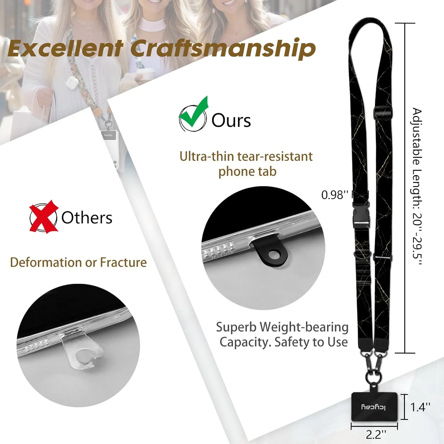 Phone Lanyard Crossbody, Black Marble Cell Phone Strap for Around The Neck Adjustable, Anti Theft Cute Lanyard for iPhone Case ID Holder Keys Accessories Travel Essential