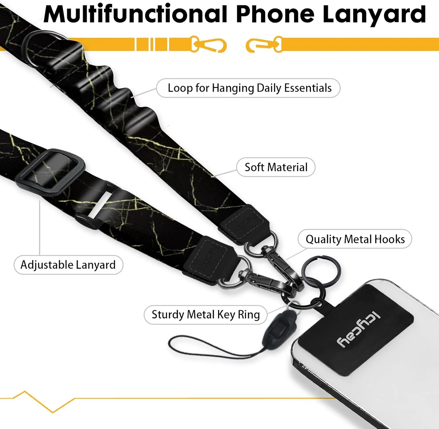Phone Lanyard Crossbody, Black Marble Cell Phone Strap for Around The Neck Adjustable, Anti Theft Cute Lanyard for iPhone Case ID Holder Keys Accessories Travel Essential