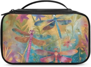 Pink Blue Dragonfly Cosmetic Bag Storage Bag Floral Flowers Travel Make Up Organizer Bag for Women Double Layer Toiletry Bag