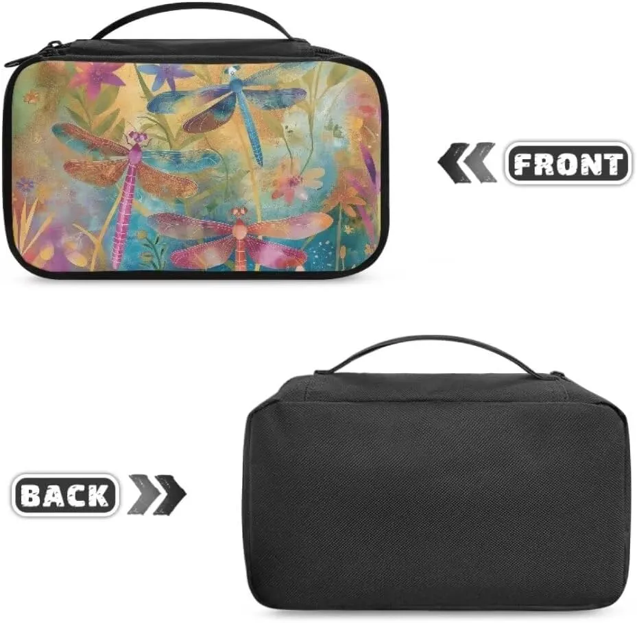 Pink Blue Dragonfly Cosmetic Bag Storage Bag Floral Flowers Travel Make Up Organizer Bag for Women Double Layer Toiletry Bag