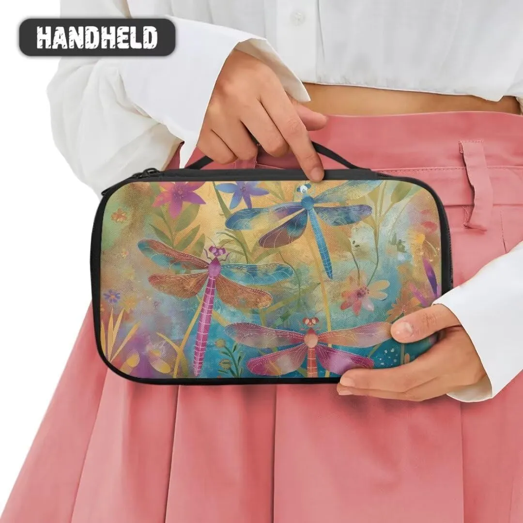 Pink Blue Dragonfly Cosmetic Bag Storage Bag Floral Flowers Travel Make Up Organizer Bag for Women Double Layer Toiletry Bag