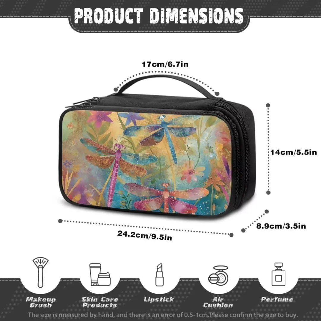 Pink Blue Dragonfly Cosmetic Bag Storage Bag Floral Flowers Travel Make Up Organizer Bag for Women Double Layer Toiletry Bag
